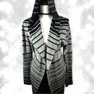 Vintage Suzie Chic Striped Gray and Black Hooded Cardigan